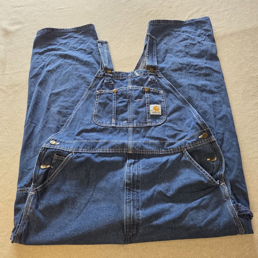 VTG Carhartt R07DST Denim Bib Overalls Mens 40 x 32 Blue Made in USA Distressed